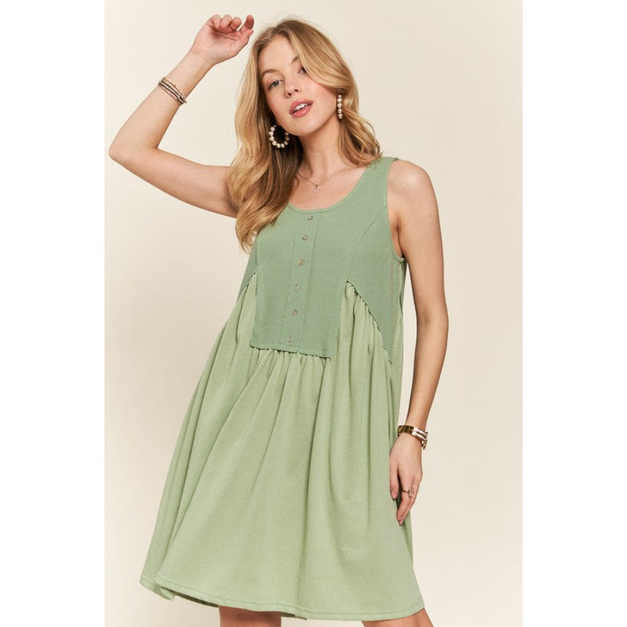 ADORA Decorative Button Sleeveless Babydoll Dress Sage / S Apparel and Accessories