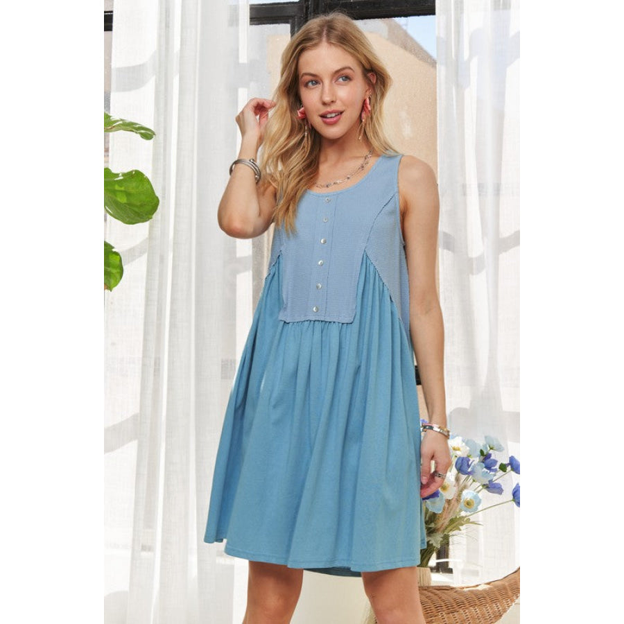 ADORA Decorative Button Sleeveless Babydoll Dress Vintage Denim / S Apparel and Accessories