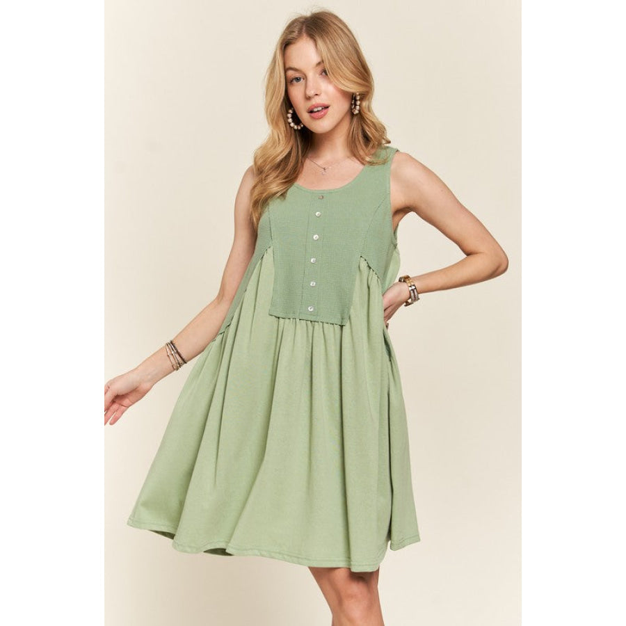 ADORA Decorative Button Sleeveless Babydoll Dress Sage / S Apparel and Accessories