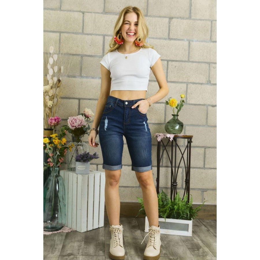 ADORA Distressed Denim Shorts with Pockets Apparel and Accessories