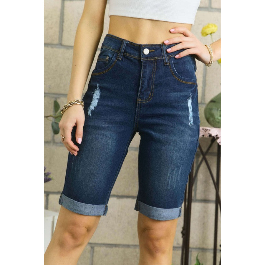 ADORA Distressed Denim Shorts with Pockets Denim / S Apparel and Accessories