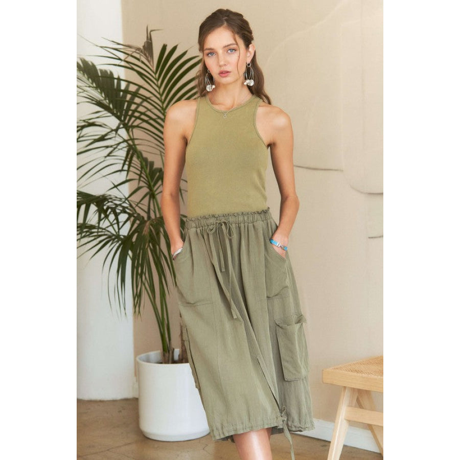 ADORA Drawstring Sleeveless Washed Dress Lt Olive / S Apparel and Accessories