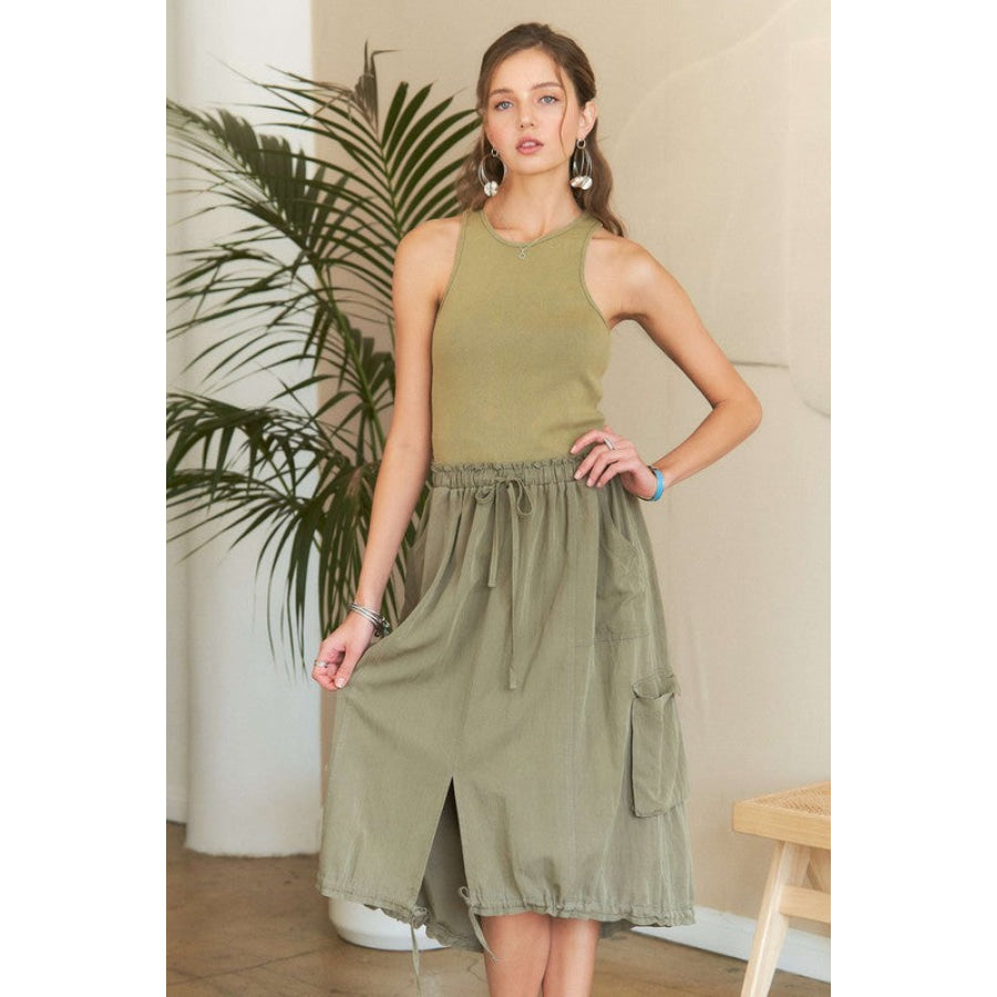 ADORA Drawstring Sleeveless Washed Dress Lt Olive / S Apparel and Accessories