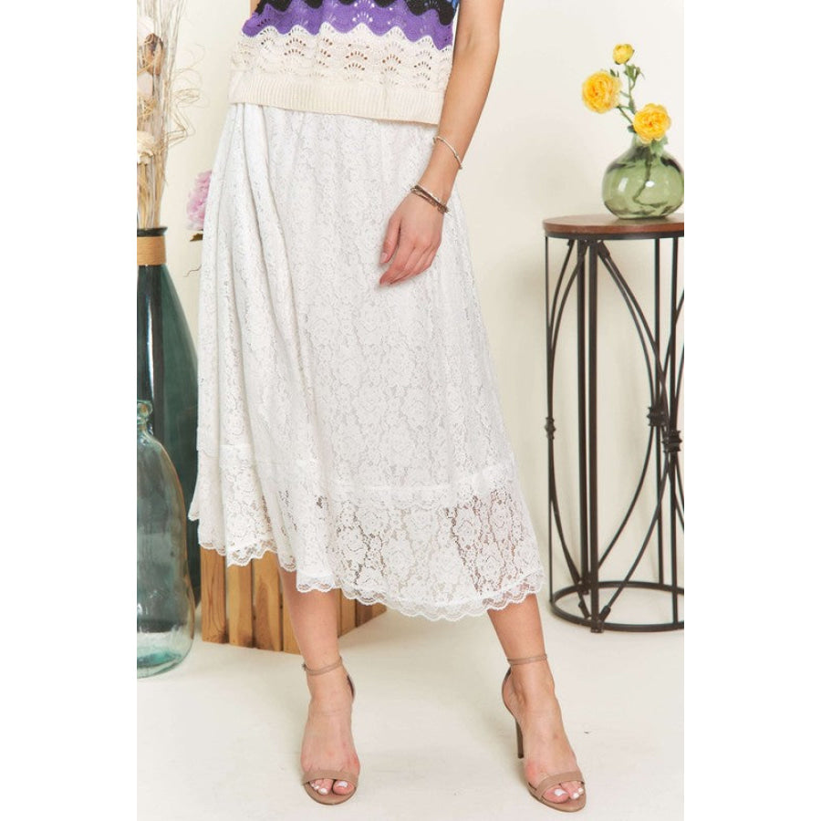 ADORA Elastic Waist Lace Midi Skirt White / S Apparel and Accessories