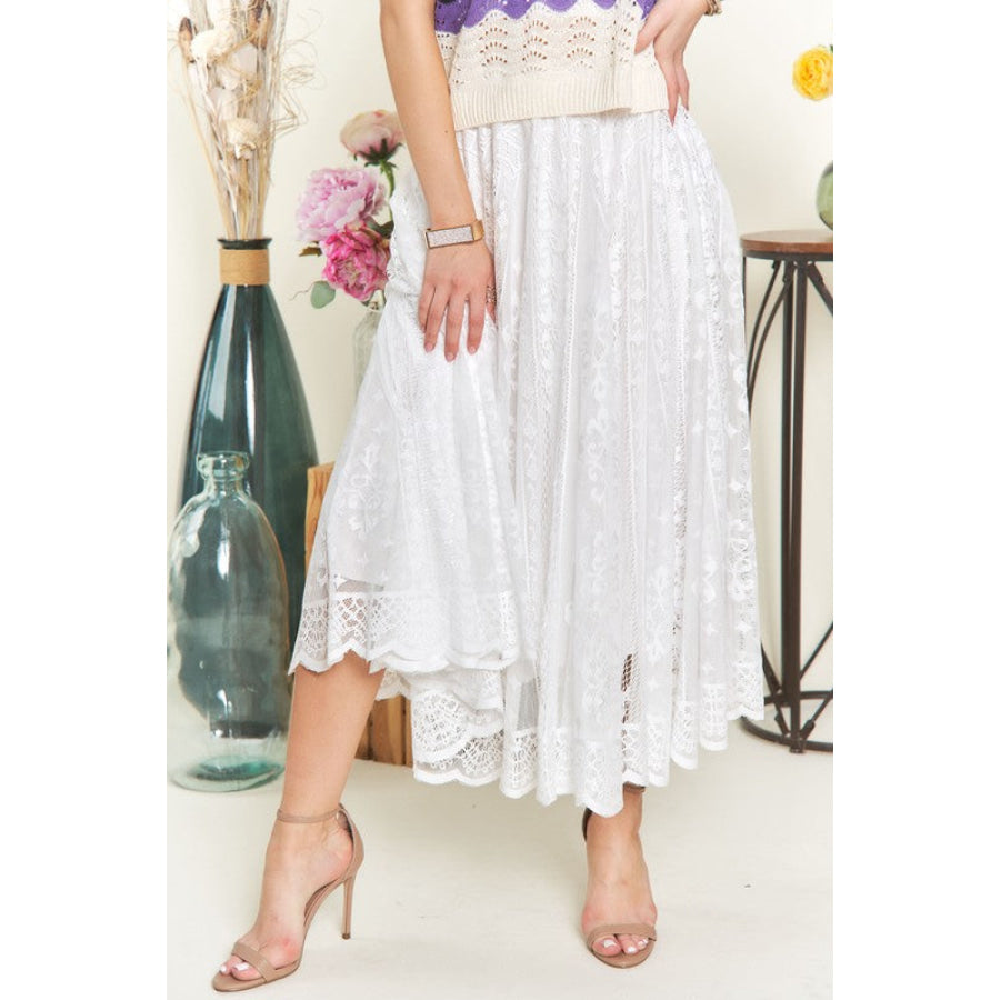 ADORA Elastic Waist Lace Midi Skirt White / S Apparel and Accessories