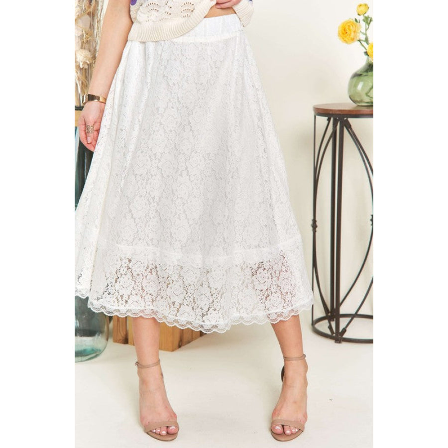 ADORA Elastic Waist Lace Midi Skirt White / S Apparel and Accessories