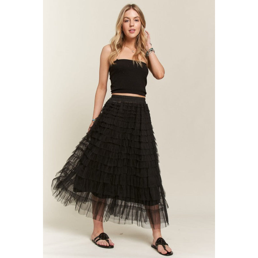 ADORA Elastic Waist Layered Mesh Midi Skirt Apparel and Accessories