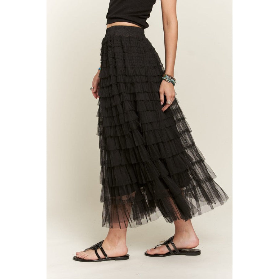 ADORA Elastic Waist Layered Mesh Midi Skirt Black / S Apparel and Accessories