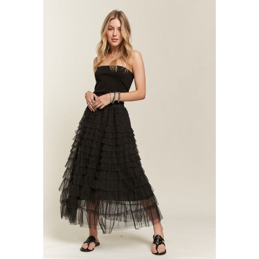 ADORA Elastic Waist Layered Mesh Midi Skirt Apparel and Accessories