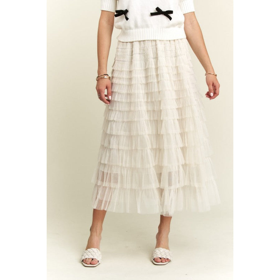 ADORA Elastic Waist Layered Mesh Midi Skirt Apparel and Accessories