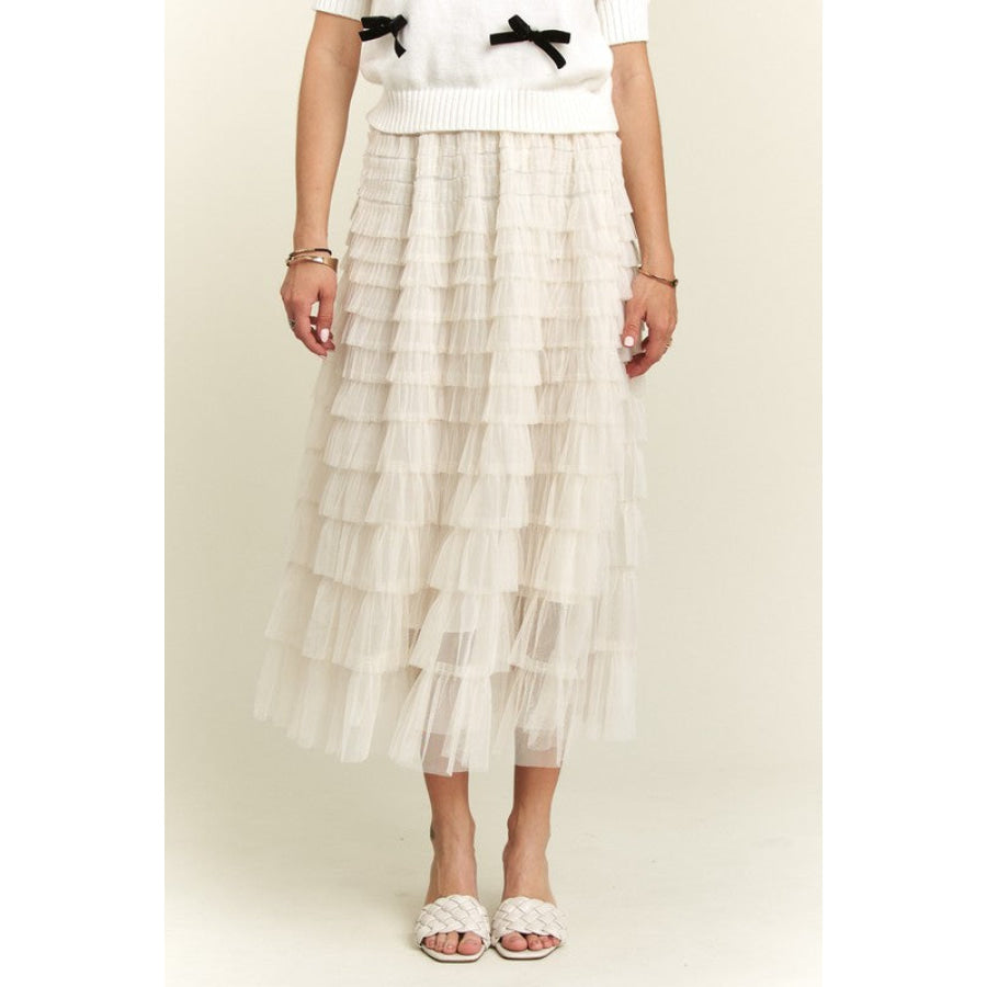 ADORA Elastic Waist Layered Mesh Midi Skirt Beige / S Apparel and Accessories