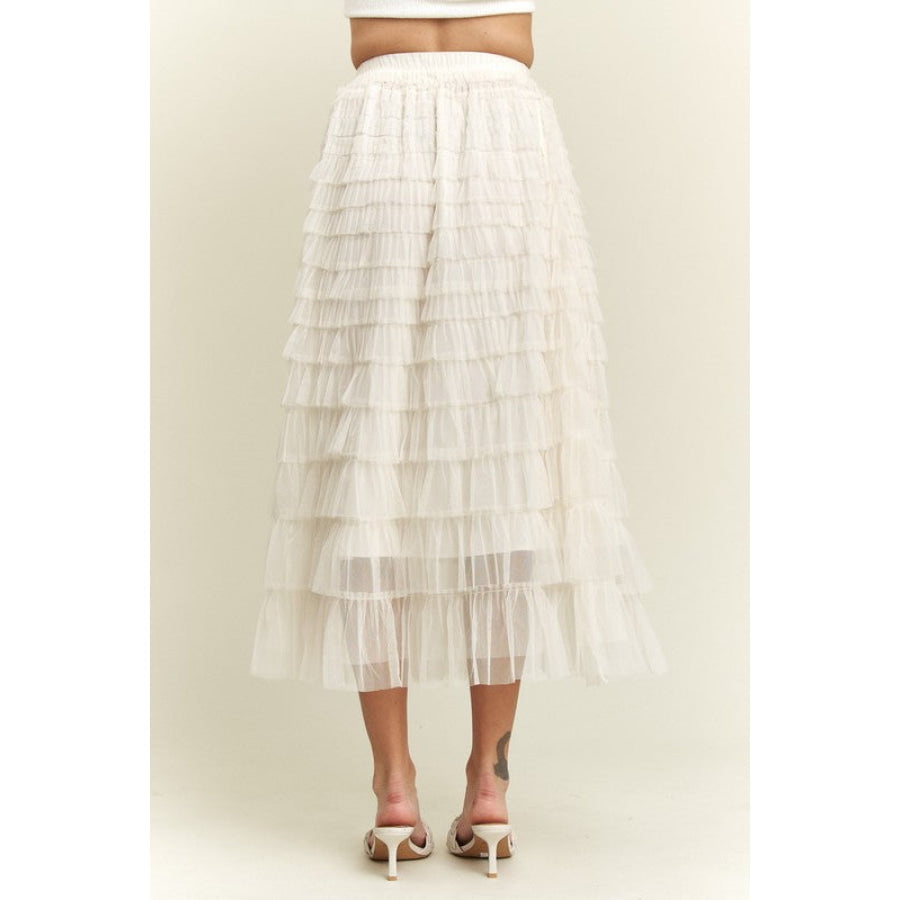 ADORA Elastic Waist Layered Mesh Midi Skirt Apparel and Accessories