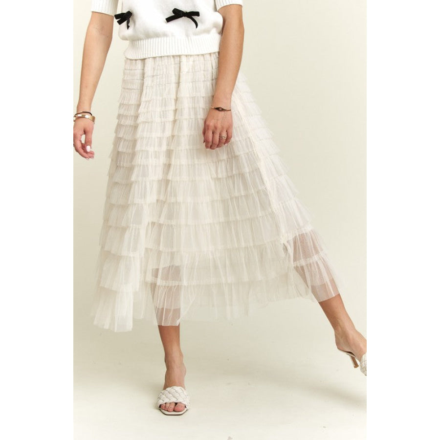 ADORA Elastic Waist Layered Mesh Midi Skirt Beige / S Apparel and Accessories