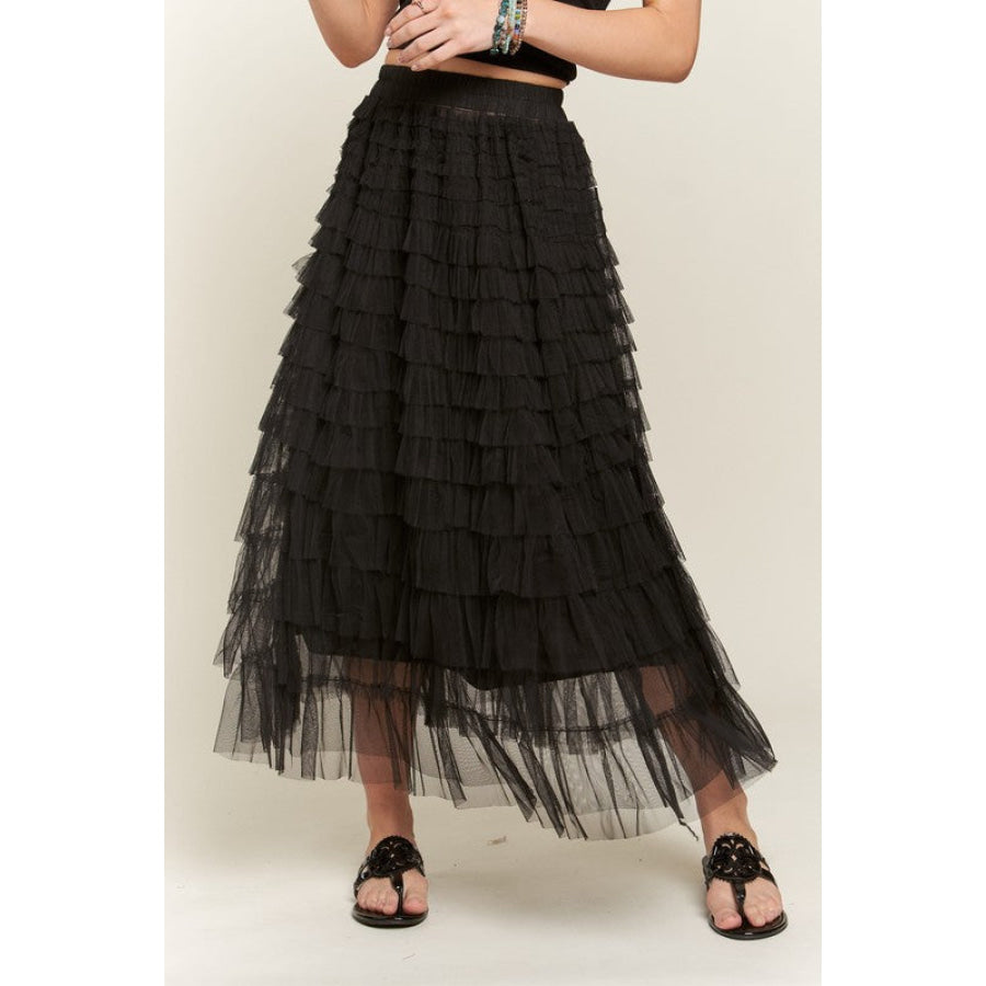 ADORA Elastic Waist Layered Mesh Midi Skirt Black / S Apparel and Accessories