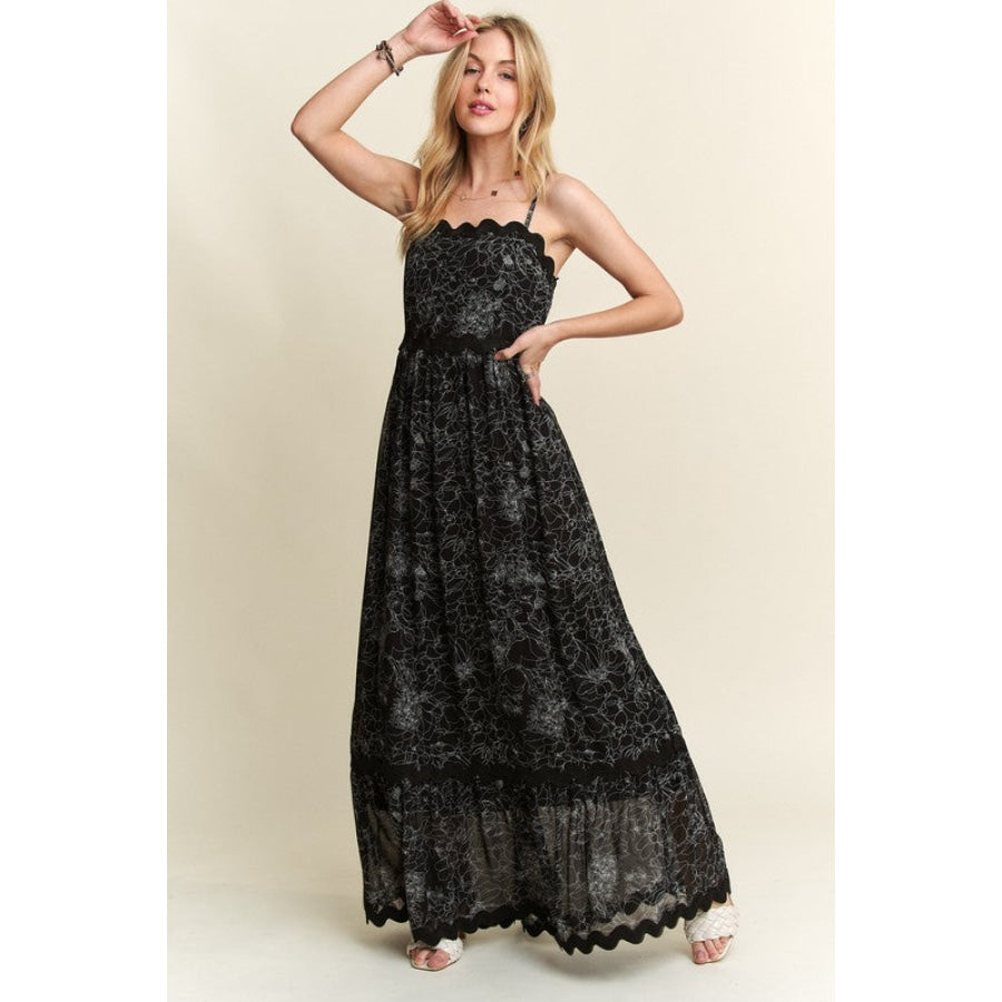 ADORA Floral Adjustable Strap Maxi Cami Dress Black / S Apparel and Accessories