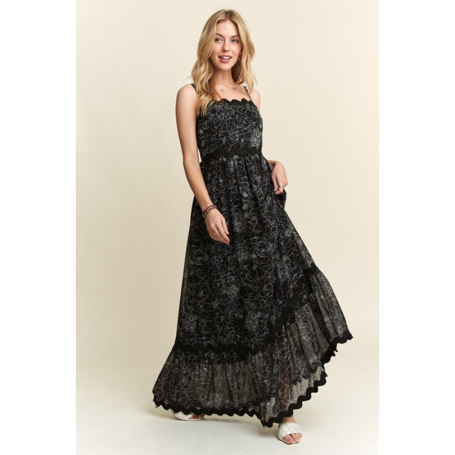 ADORA Floral Adjustable Strap Maxi Cami Dress Black / S Apparel and Accessories
