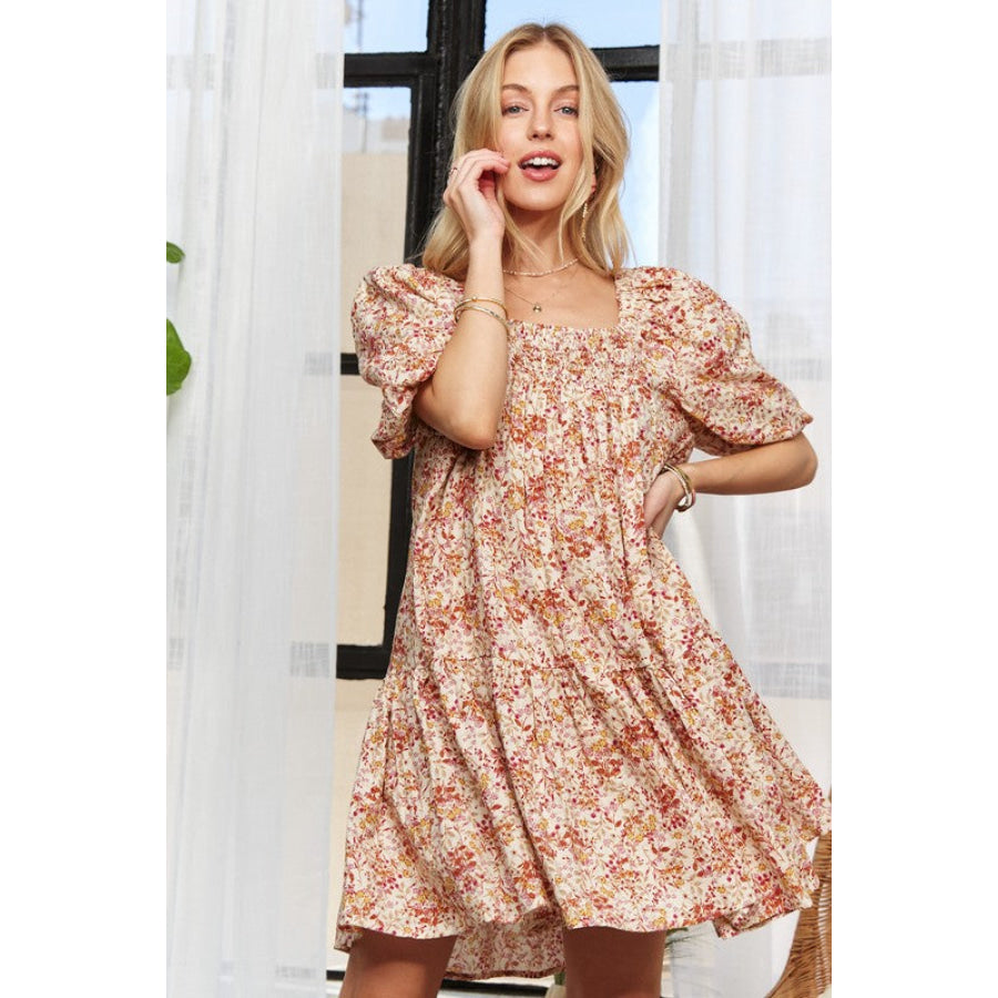 ADORA Floral Square Neck Puff Sleeve Dress Apparel and Accessories