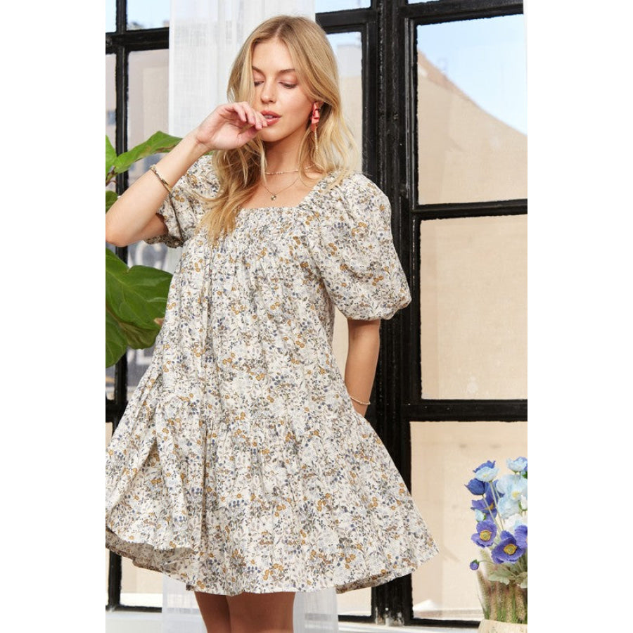 ADORA Floral Square Neck Puff Sleeve Dress Apparel and Accessories