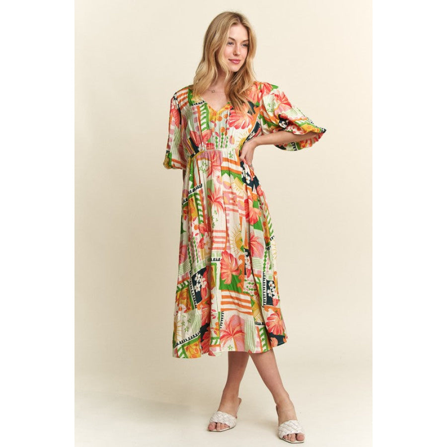 ADORA Floral V-Neck Puff Sleeve Midi Dress Apparel and Accessories