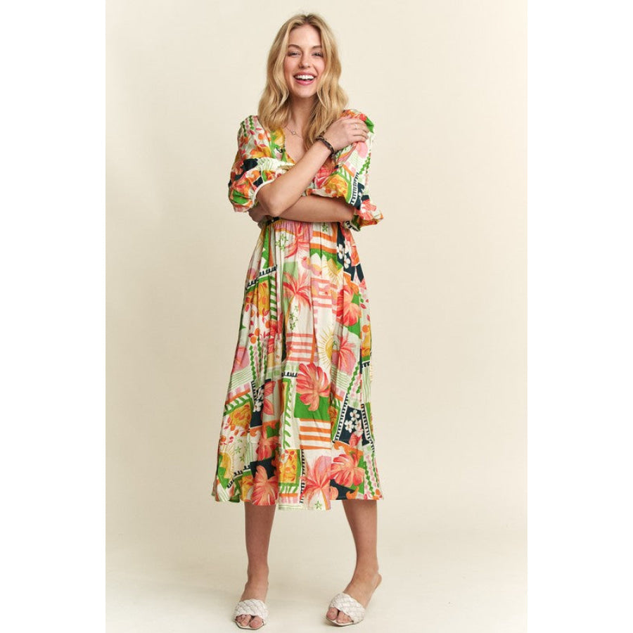 ADORA Floral V-Neck Puff Sleeve Midi Dress Apparel and Accessories