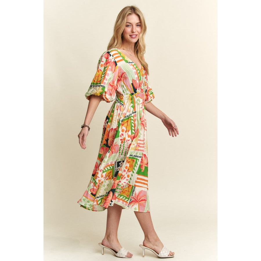 ADORA Floral V-Neck Puff Sleeve Midi Dress Apparel and Accessories