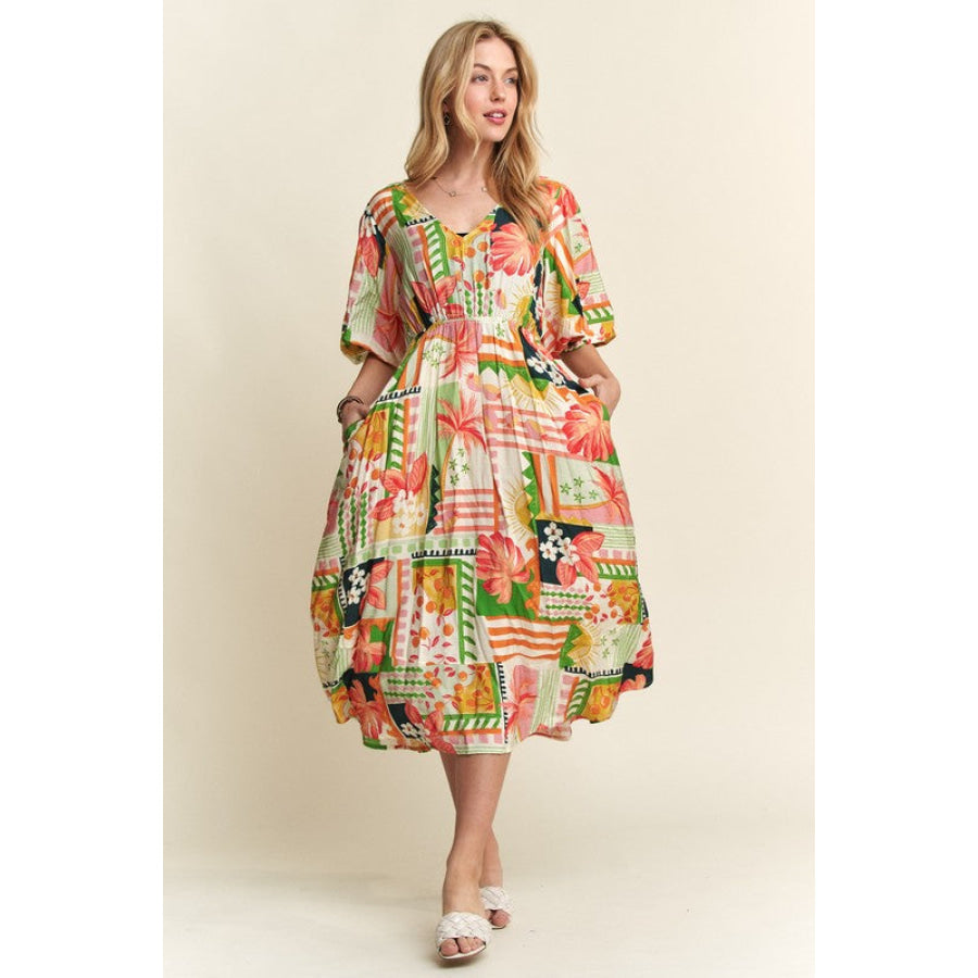 ADORA Floral V-Neck Puff Sleeve Midi Dress Natural Multicolor / S Apparel and Accessories