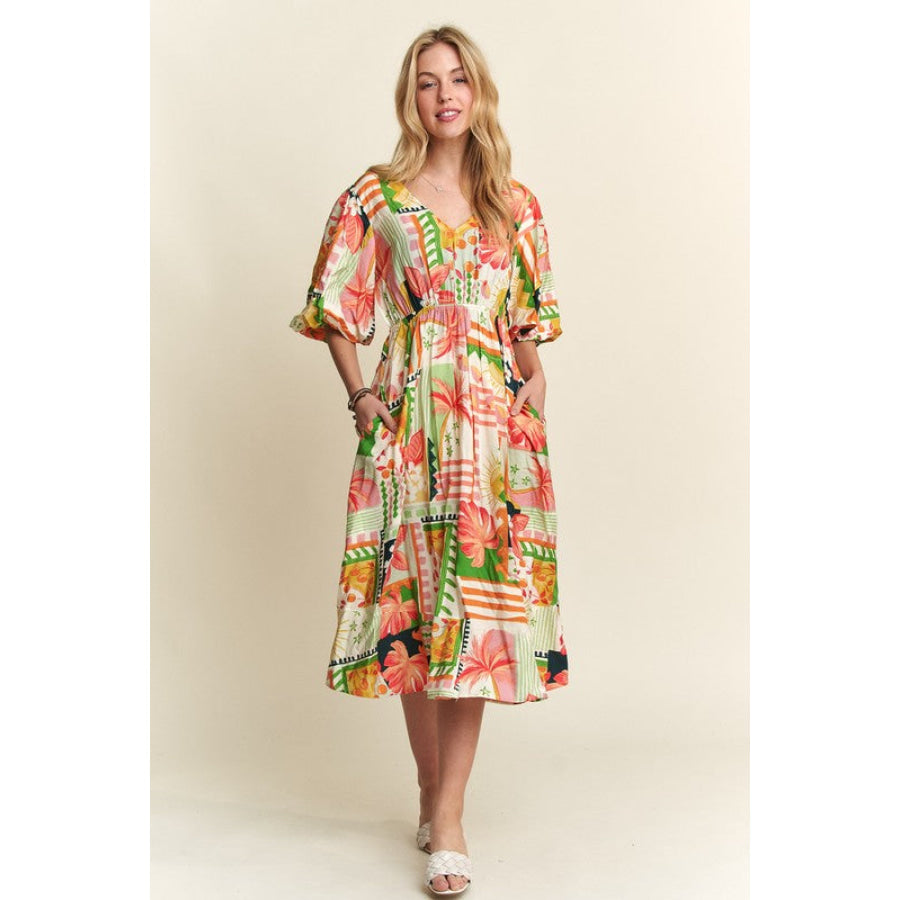 ADORA Floral V-Neck Puff Sleeve Midi Dress Natural Multicolor / S Apparel and Accessories