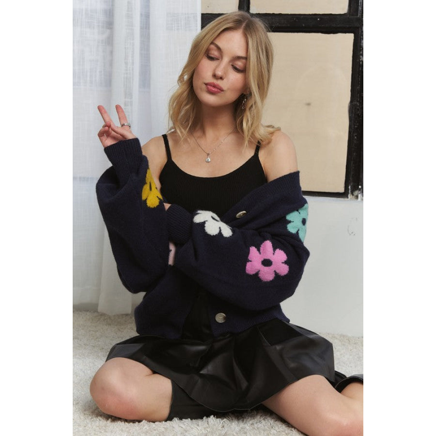 ADORA Flower Button Down Lantern Sleeve Cardigan Dark Navy / S Apparel and Accessories