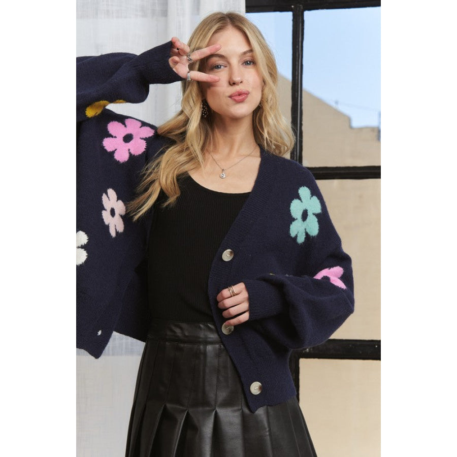 ADORA Flower Button Down Lantern Sleeve Cardigan Apparel and Accessories