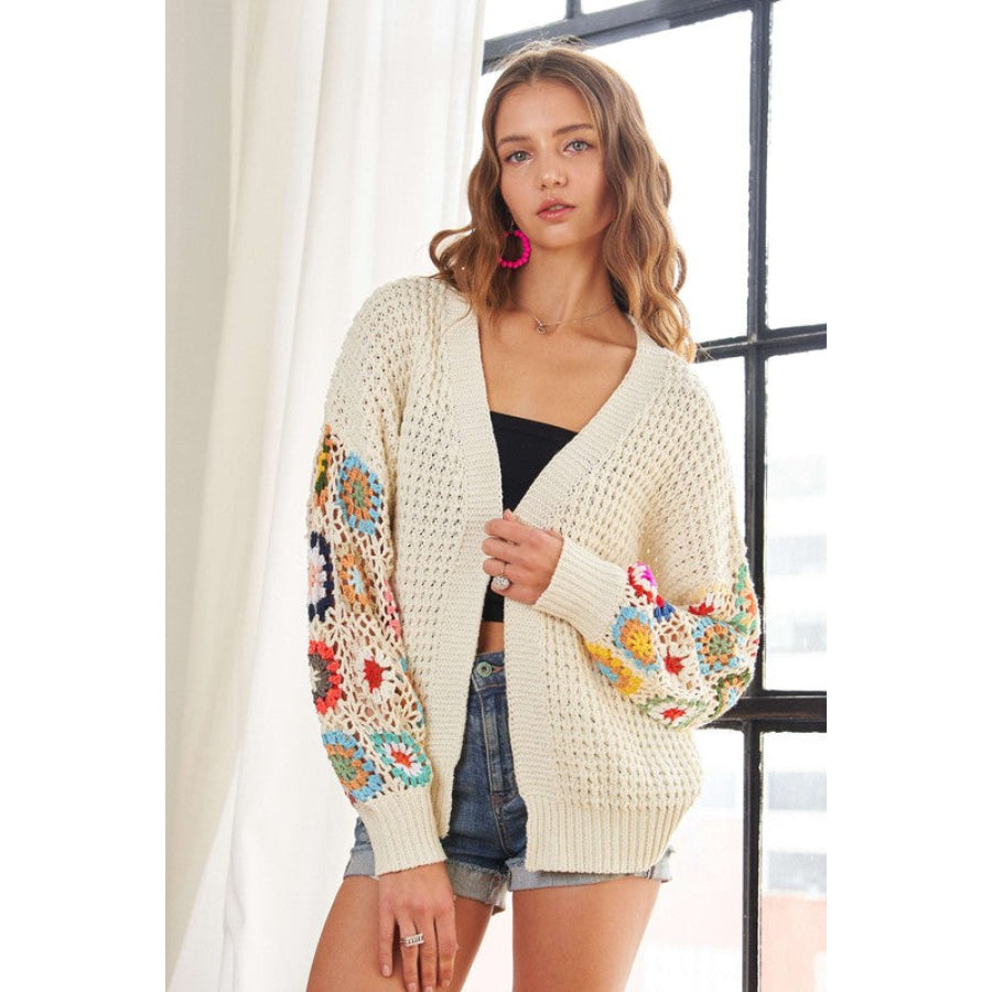 ADORA Full Size Contrast Crochet Open Front Long Sleeve Cardigan Apparel and Accessories