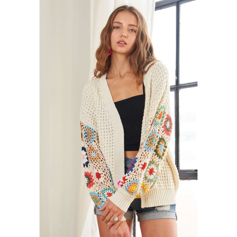 ADORA Full Size Contrast Crochet Open Front Long Sleeve Cardigan Apparel and Accessories