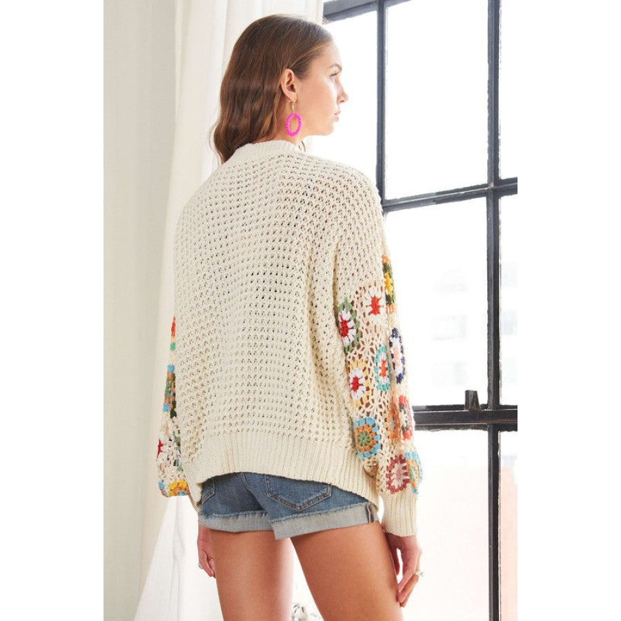 ADORA Full Size Contrast Crochet Open Front Long Sleeve Cardigan Apparel and Accessories