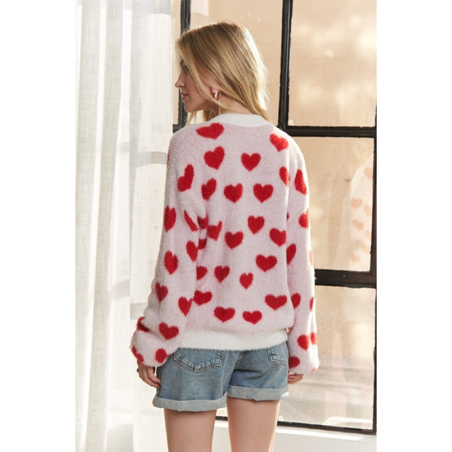 ADORA Fuzzy Heart Button Down Cardigan Apparel and Accessories