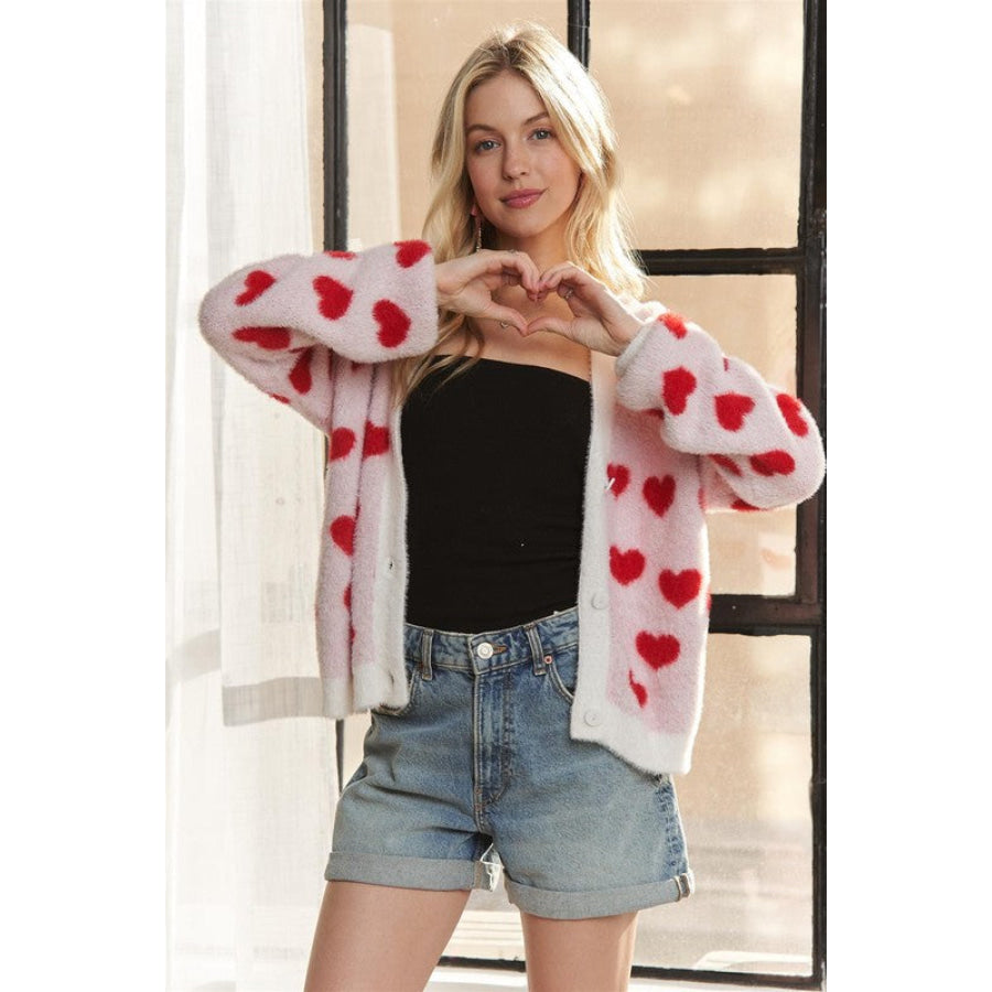 ADORA Fuzzy Heart Button Down Cardigan Ivory/Red / S Apparel and Accessories