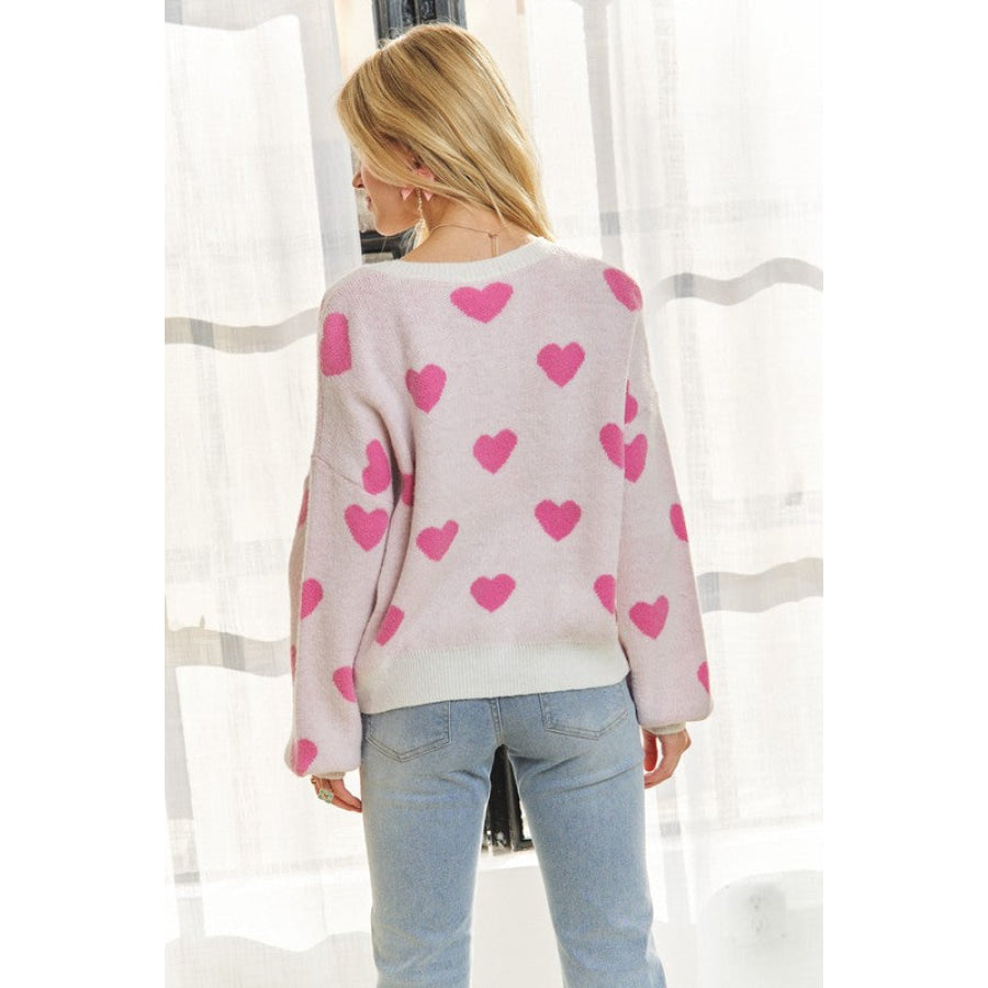 ADORA Heart Round Neck Drop Shoulder Sweater Apparel and Accessories