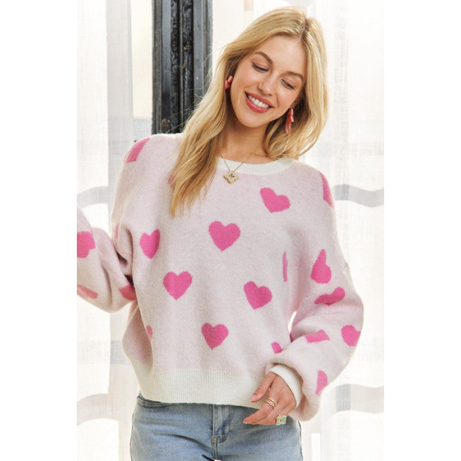 ADORA Heart Round Neck Drop Shoulder Sweater Apparel and Accessories