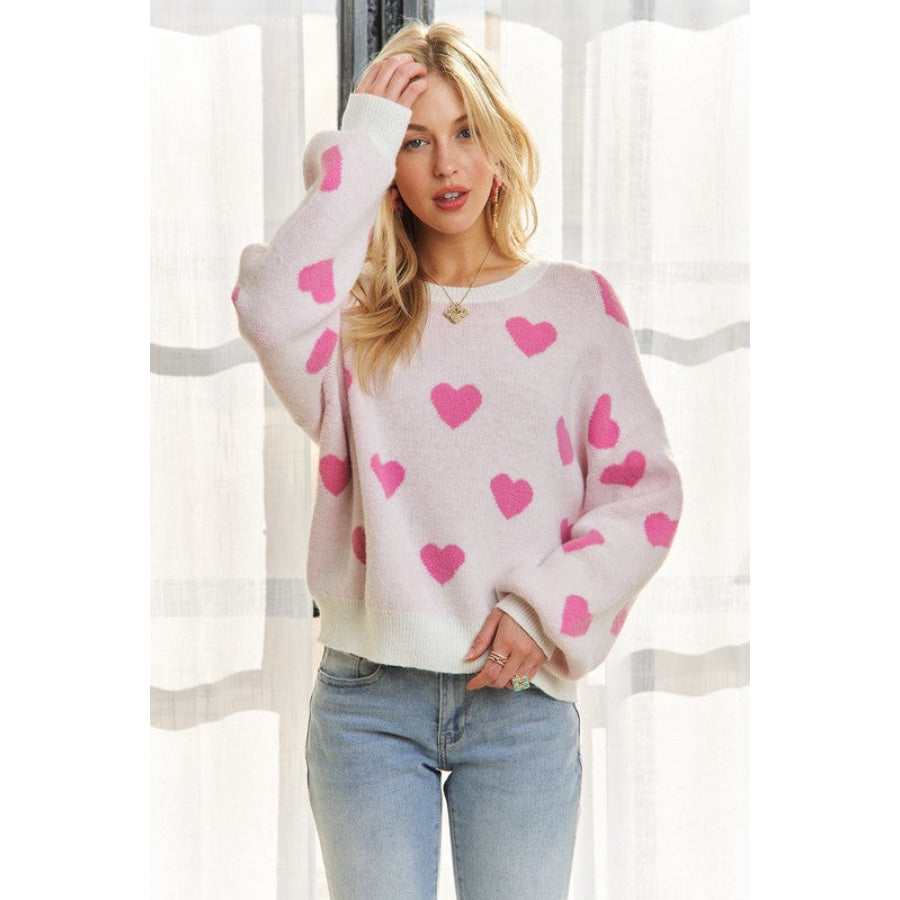 ADORA Heart Round Neck Drop Shoulder Sweater OFF WHITE/PINK / S Apparel and Accessories