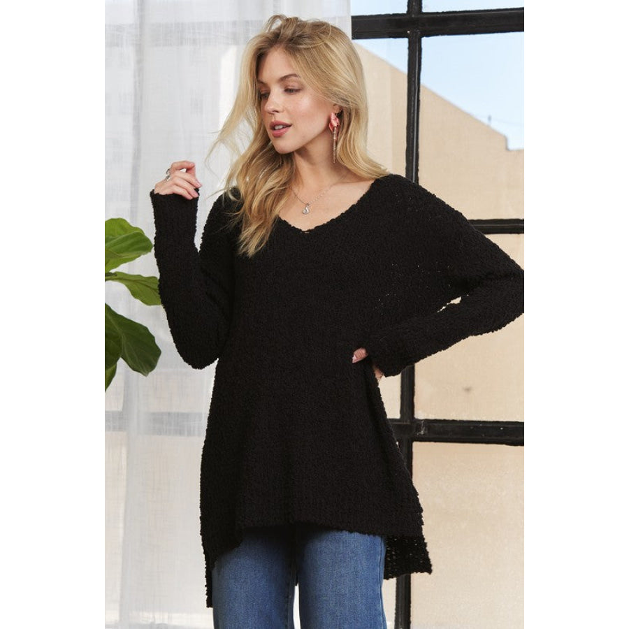 ADORA High-Low Side Slit V-Neck Sweater Apparel and Accessories