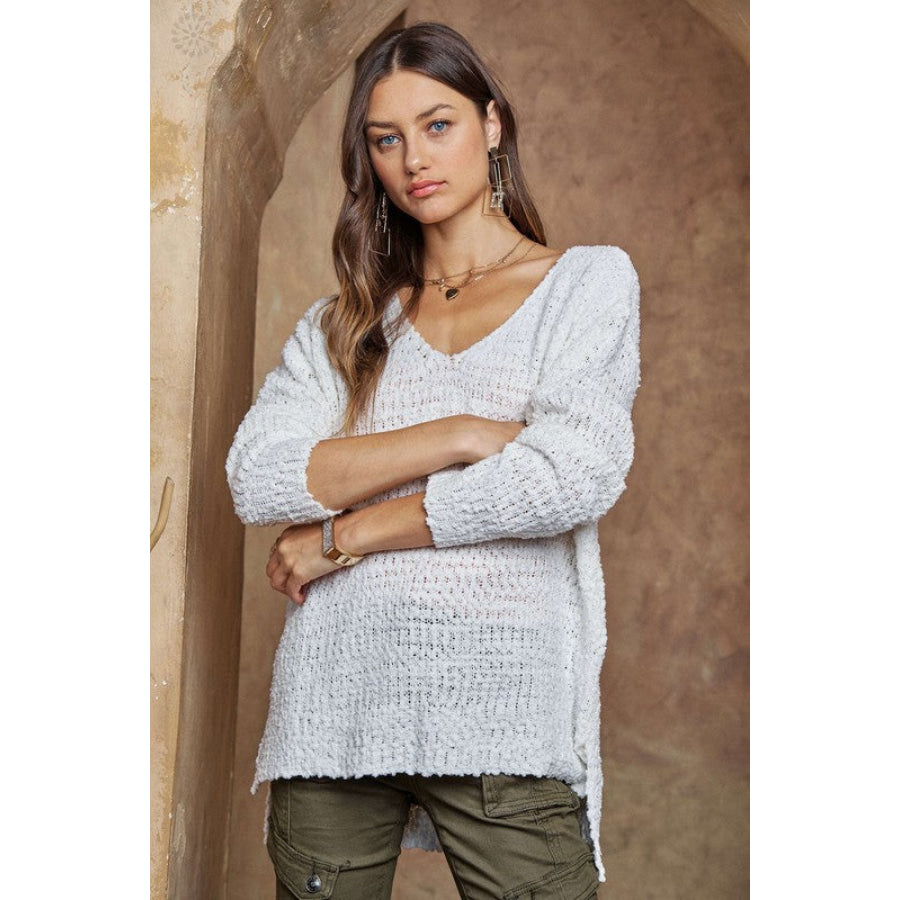 ADORA High-Low Side Slit V-Neck Sweater Apparel and Accessories