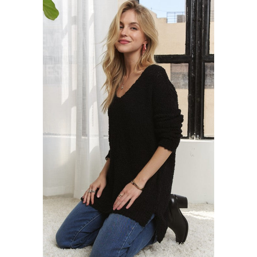 ADORA High-Low Side Slit V-Neck Sweater Apparel and Accessories