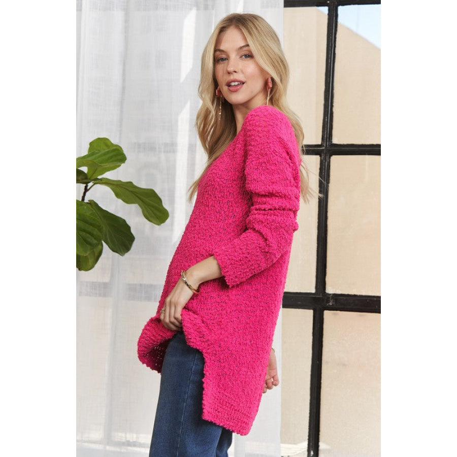 ADORA High-Low Side Slit V-Neck Sweater Hot Pink / S Apparel and Accessories