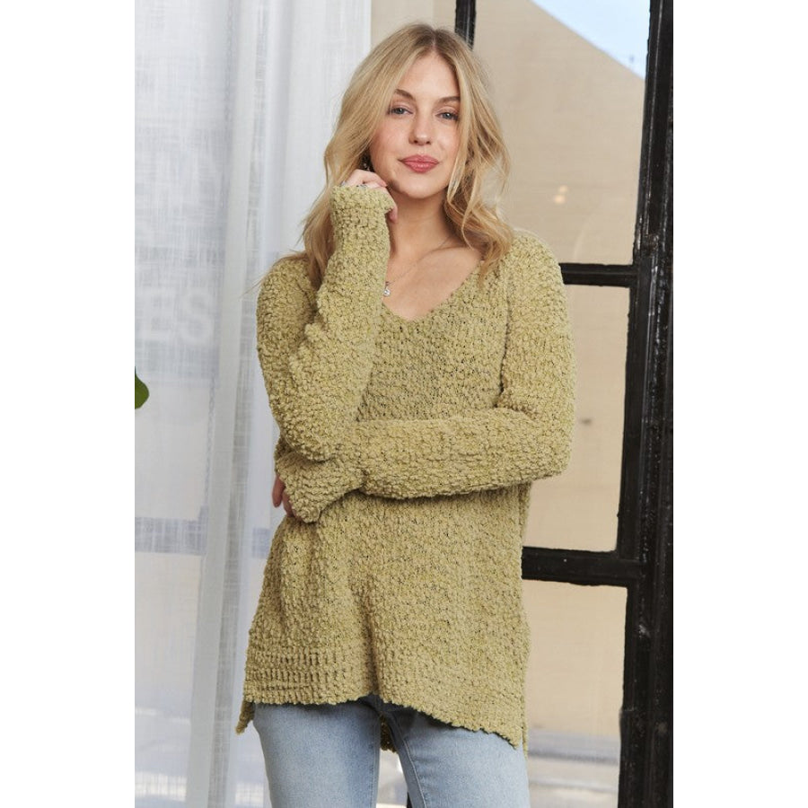 ADORA High-Low Side Slit V-Neck Sweater Apparel and Accessories