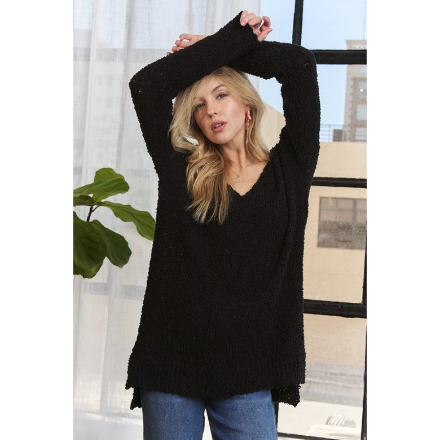 ADORA High-Low Side Slit V-Neck Sweater Black / S Apparel and Accessories