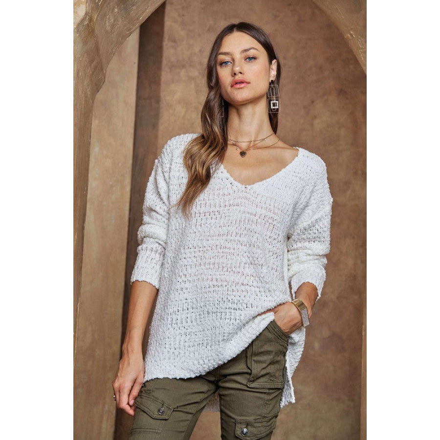 ADORA High-Low Side Slit V-Neck Sweater White / S Apparel and Accessories