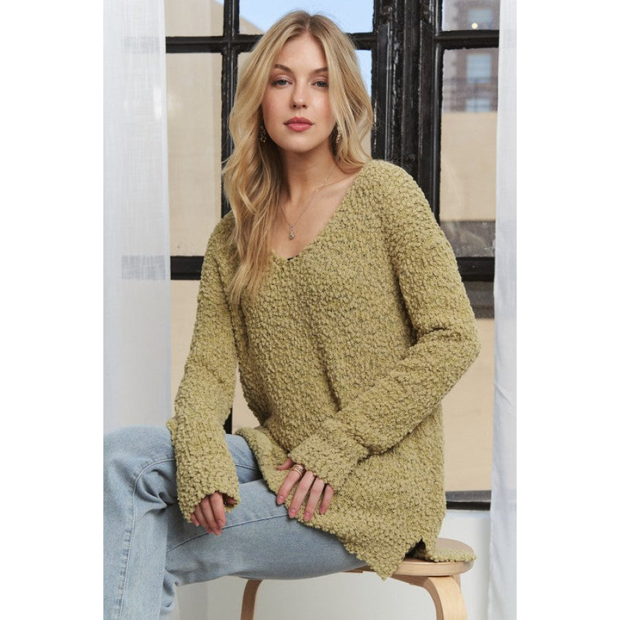 ADORA High-Low Side Slit V-Neck Sweater Yellow-Green / S Apparel and Accessories