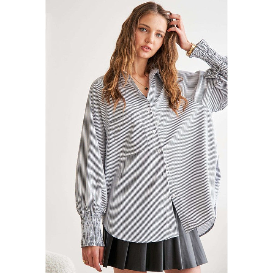 ADORA High-Low Striped Button Down Smocked Lantern Sleeve Shirt Apparel and Accessories