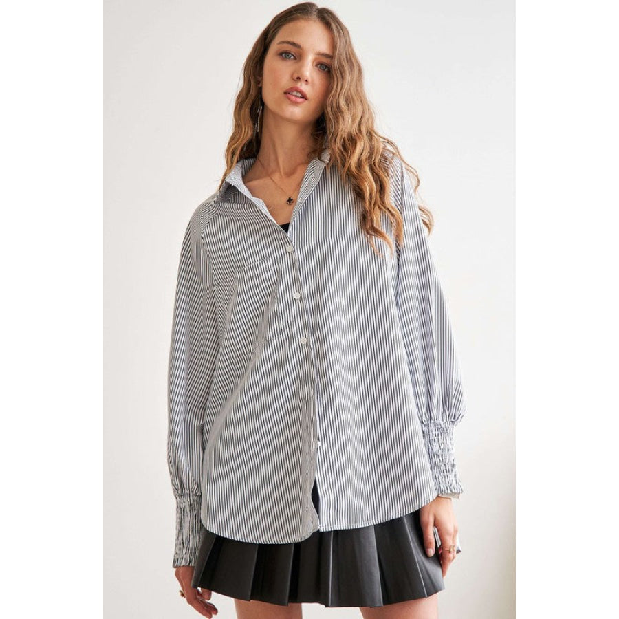 ADORA High-Low Striped Button Down Smocked Lantern Sleeve Shirt Apparel and Accessories