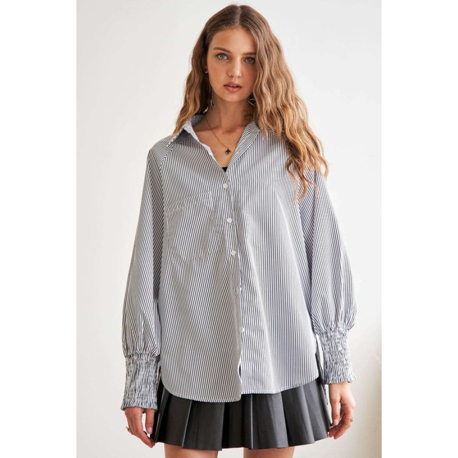 ADORA High-Low Striped Button Down Smocked Lantern Sleeve Shirt Apparel and Accessories