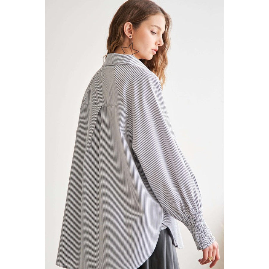 ADORA High-Low Striped Button Down Smocked Lantern Sleeve Shirt Gray / S Apparel and Accessories