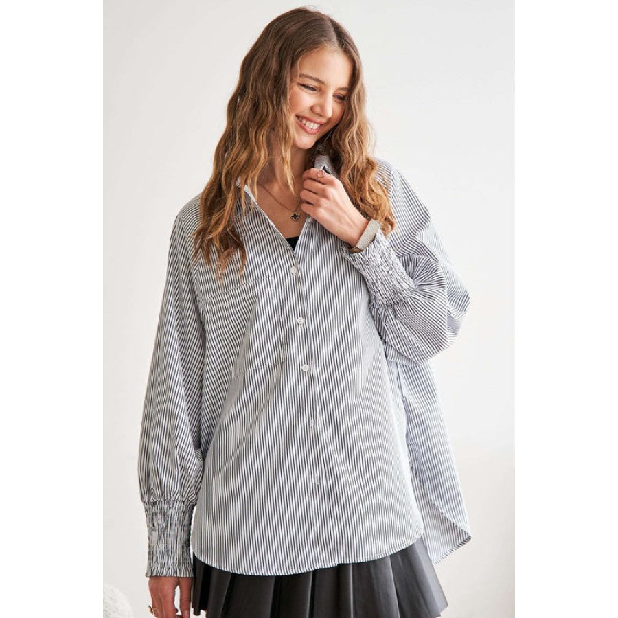 ADORA High-Low Striped Button Down Smocked Lantern Sleeve Shirt Gray / S Apparel and Accessories